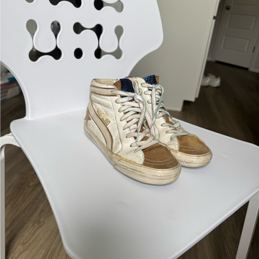 Golden Goose White and Tan Sneakers Distressed Vintage Style